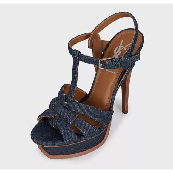 YSL Yves Saint Laurent Denim High Heel Sandals, Size 35 - Picture 3 of 5